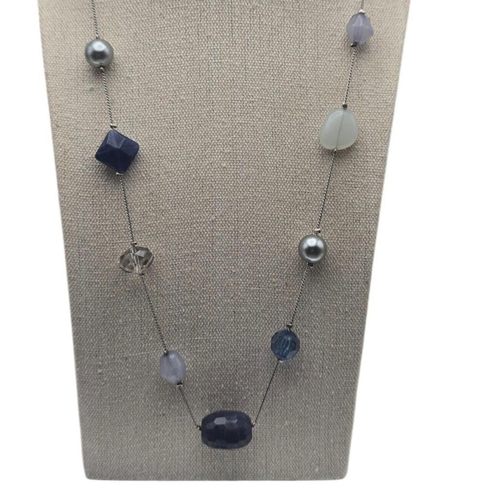 Blue Gray Station Bead Necklace Silver Long Layering Necklace Coastal Elegance